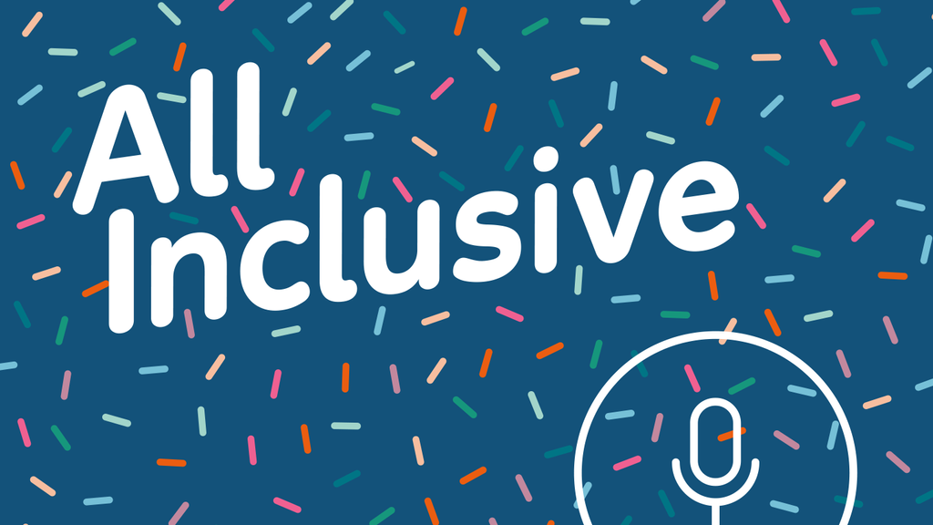 Auf blauem Hintergrund sind bunte Muster zu sehen. Darauf steht der Text "All inclusive" geschrieben.