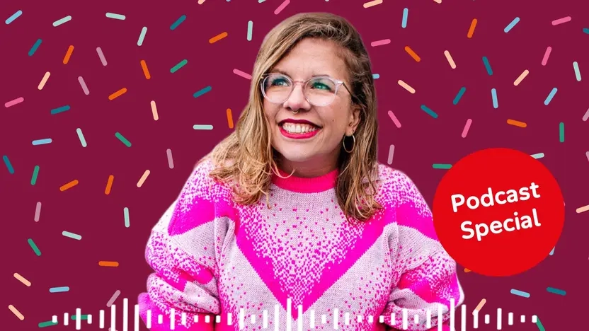 Das Visual zeigt eine junge Frau vor einem bunten Hintergrund. Oben steht: All inklusive. Unten  rechts steht: Podcast Special