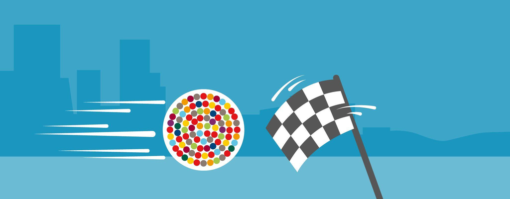 Illustration eines mit vielen bunten Punkten gefüllten Kreises, der auf eine Zielflagge zurast.