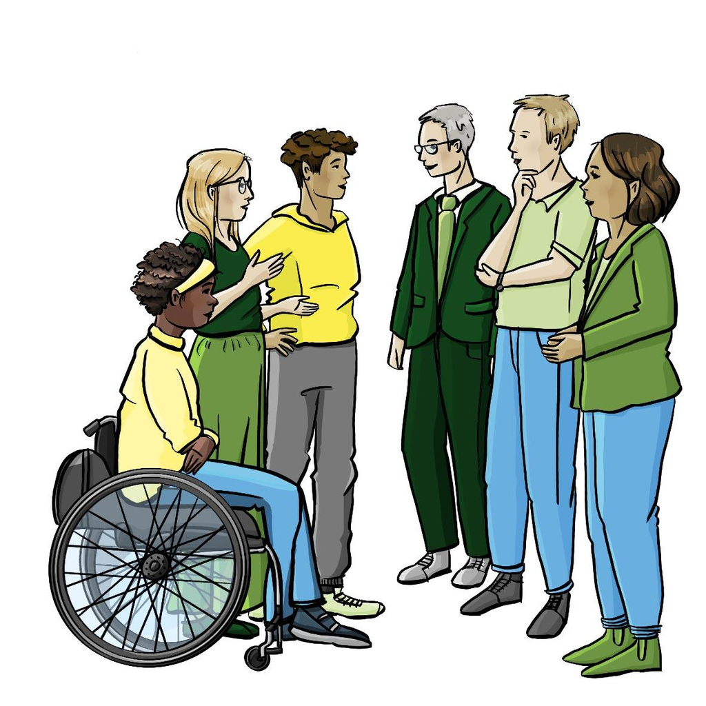 Illustration: Eine Gruppe von Menschen redet mit einem Mann im Anzug. Eine Frau ist Rollstuhlfahrerin.