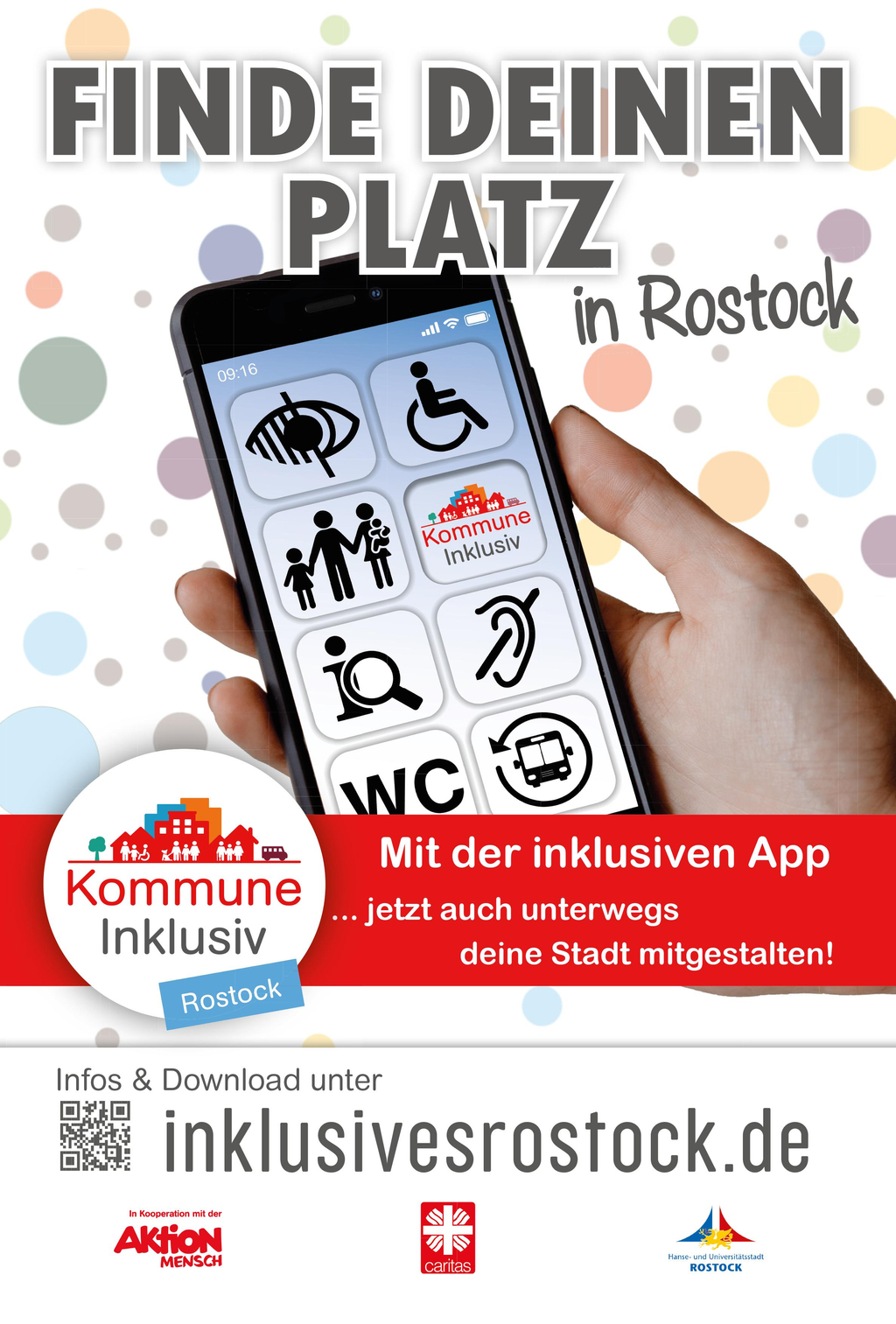 Ein Plakat zeigt Werbung für die inklusive Stadtführungs-App. 