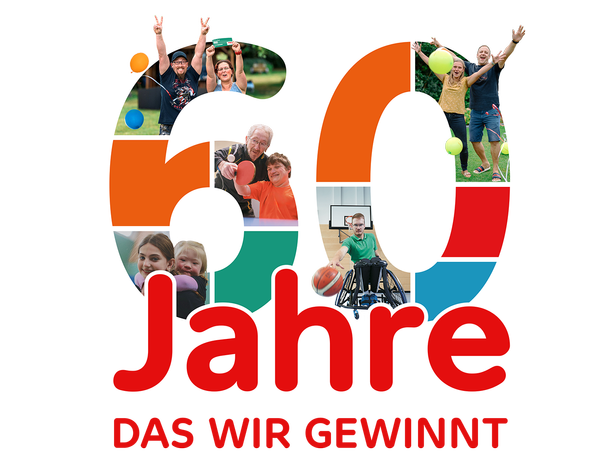 Eine 60. Sie besteht aus farblichen Flächen und aus unterschiedlichen Menschen: zum Beispiel jubelnde Gewinner*innen oder ein Rollstuhlbasketballer. Darunter steht "Jahre. Das Wir gewinnt."