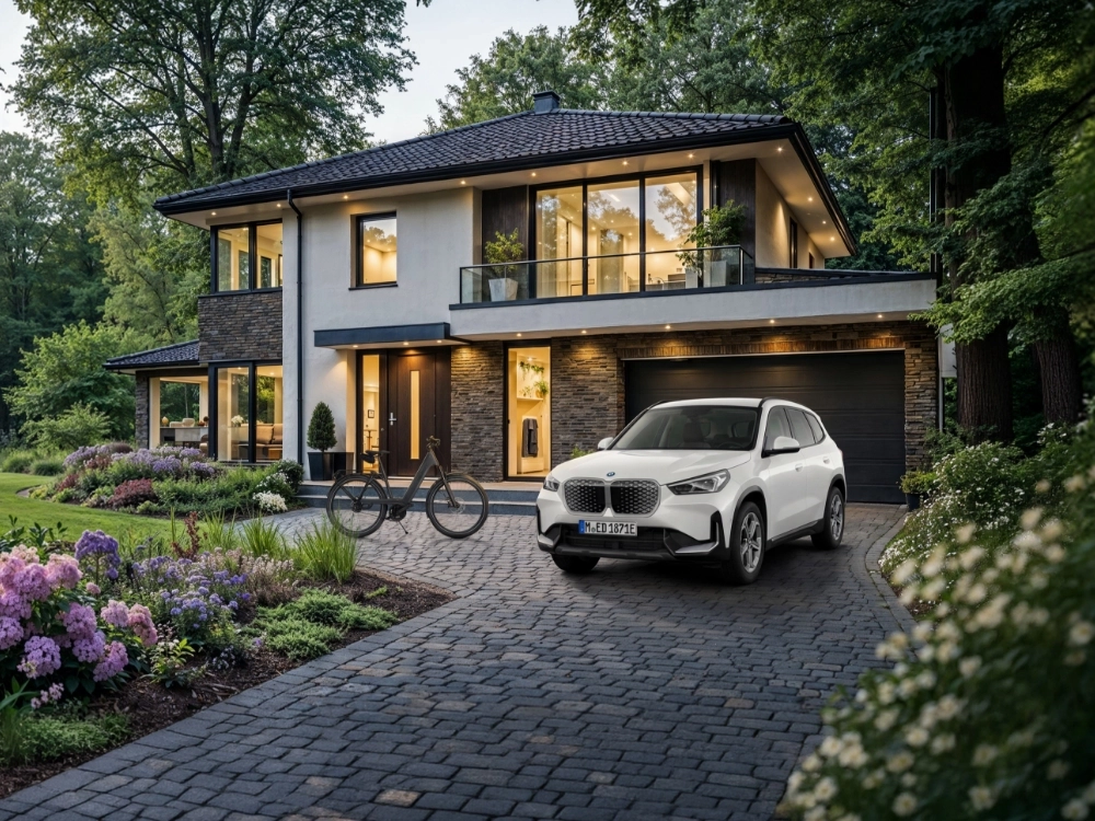 Vor einem modernen Haus parkt ein weißer BMW. Daneben steht ein E-Bike.