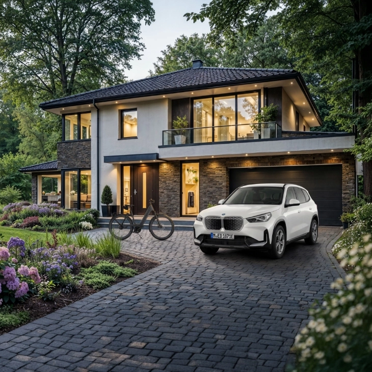 Vor einem modernen Haus parkt ein weißer BMW. Daneben steht ein E-Bike.