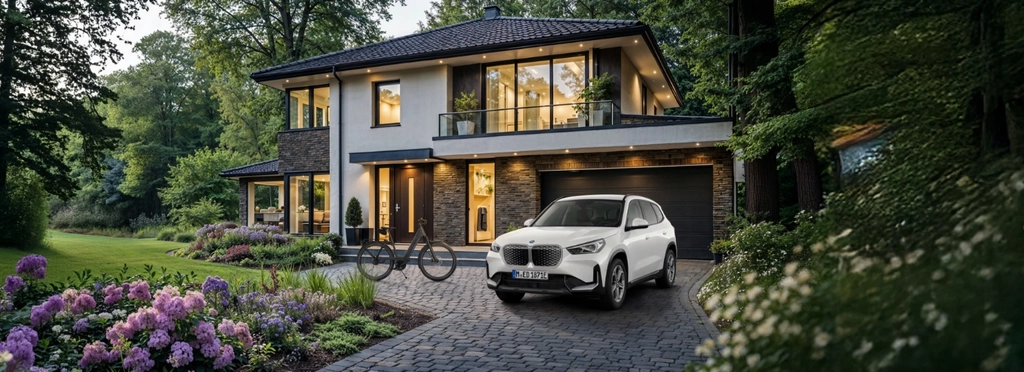 Vor einem modernen Haus parkt ein weißer BMW. Daneben steht ein E-Bike.