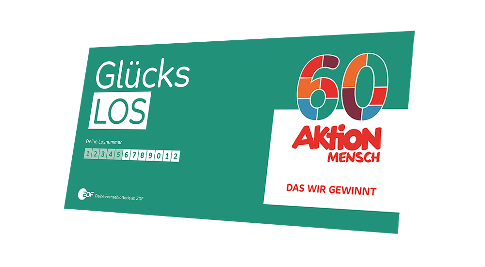 Das grüne Glücks-Los der Aktion Mensch. Über dem Logo ist in der rechten oberen Ecke in bunten Farben die Zahl 60 abgebildet.