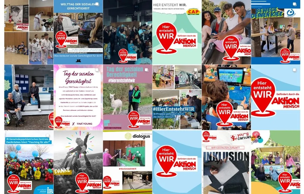 Collage aus Social Media-Posts, die anlässlich es ersten Aktionstags #HierEntstehtWIR zum Tag der Sozialen Gerechtigkeit entstanden sind.