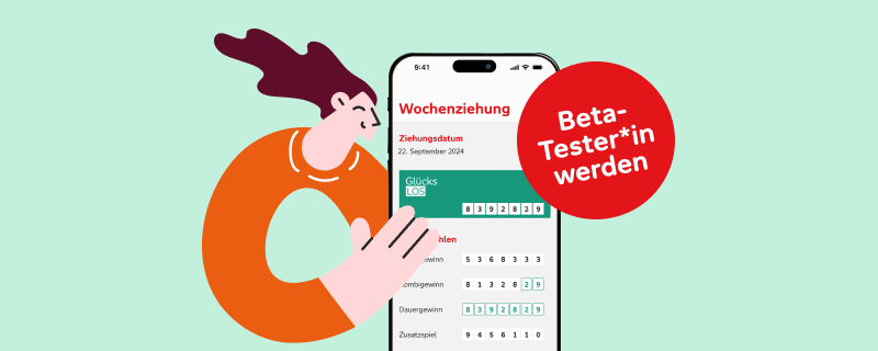 Ein Smartphone mit der geöffneten Aktion Mensch-App. Darauf in einem roten Kreis der Text "Beta-Tester*in werden"