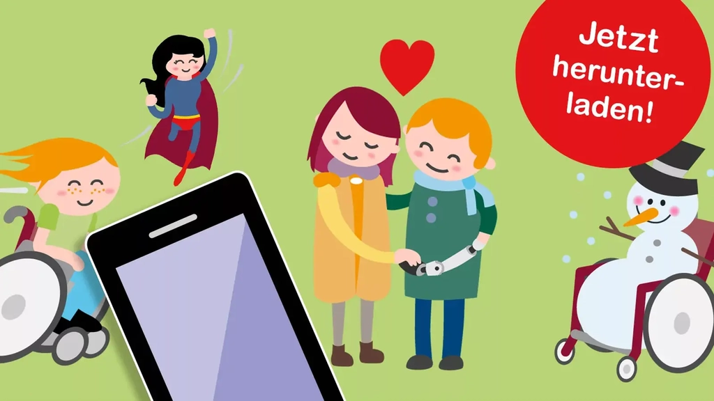 Auf grünem Hintergrund sieht man verschiedene Comic-Grafiken. Darunter ist ein Rollstuhlfahrer, eine Frau im Supermankostüm mit einem Bein, ein Schneemann im Rollstuhl sowie ein Liebespaar, bei dem der Mann eine bionische Hand hat. Auf einem roten Kreis steht: Jetzt herunterladen.