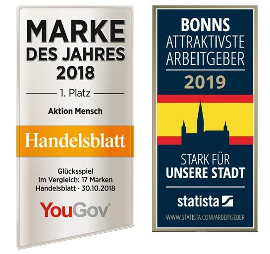 Siegel von Handelsblatt und Statista, die der Aktion Mensch mit den Titeln