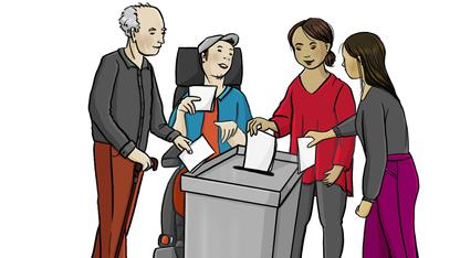 Illustration: Eine Gruppe Menschen wirft Zettel in eine Wahlurne. Darunter sind ein alter Mann und ein Mann im Rollstuhl.