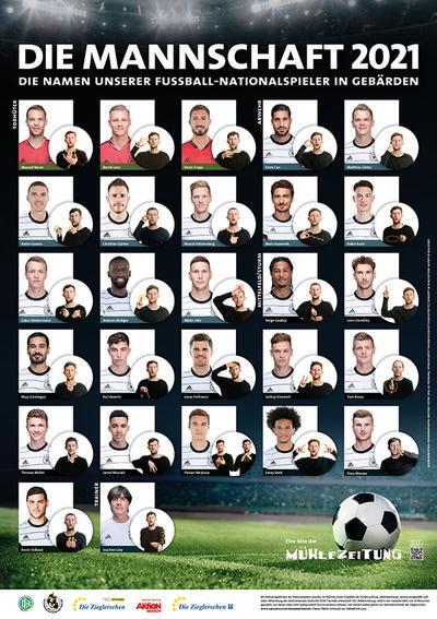 Poster der Fußball-Nationalspieler. Daneben jeweils der Name in Gebärden.