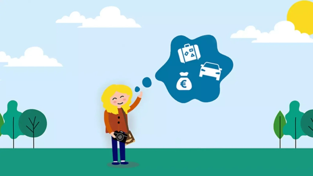 Panoramabild eines Inklumojis, das auf einer grünen Wiese mit Bäumen steht. In einer Gedankenblase sieht man einen Geldsack, Koffer und ein Auto.