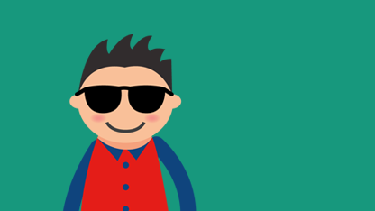 Auf grünem Hintergrund ist ein Inklumoji zu sehen: eine Figur mit einem Blindenhund.