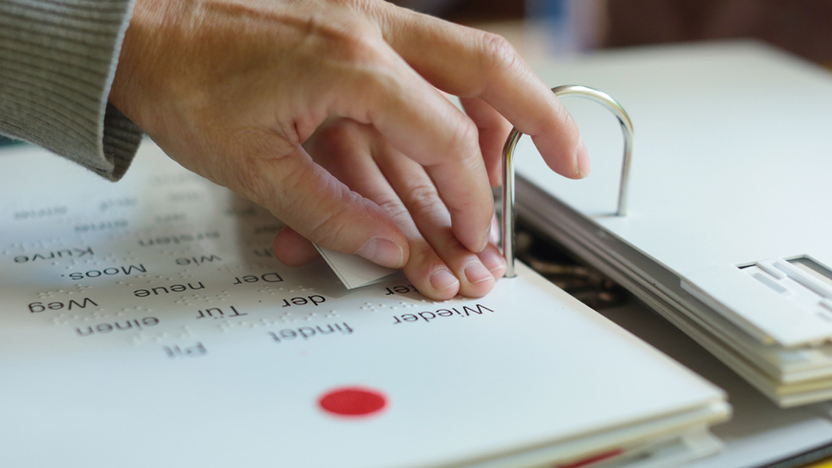 Erwachsener führt eine Kinderhand über die Brailleschrift