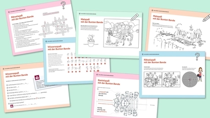 Vor einem hellgrünen Hintergrund sind unterschiedliche Begleitmaterialien zur Bunten Bande, wie Ausmalbilder oder Rätsel, abgebildet.