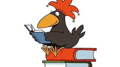 Zeichnung: RAbe Antolin sitzt auf zwei Büchern und liest ein Buch.