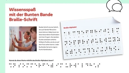 Arbeitsblatt "Wissensspaß mit der Bunten Bande Braille-Schrift"