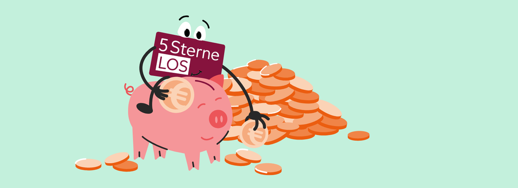 Das 5 Sterne-Los der Aktion Mensch reitet auf einem Sparschwein und sammelt Münzen vom Boden auf.