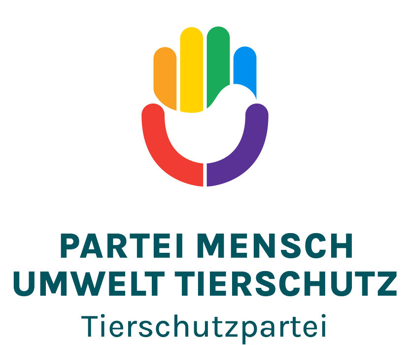 Logo der Tierschutzpartei: Grafik einer bunten Hand die eine weiße Taube hält.