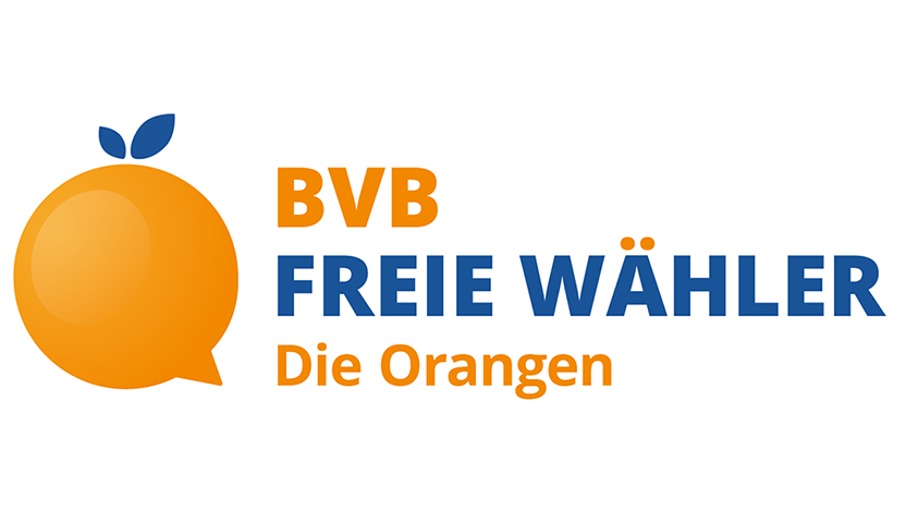 Parteilogo mit einer stilisierte Orange als Sprechblase, daneben steht in orangen Druckbuchstaben "BVB", darunter in blauen Druckbuchstaben "Freie  Wähler" und darunter wieder in Orange: "Die Orangen"