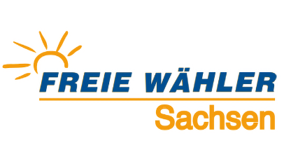 Parteilogo: In fetten, blauen Großbuchstaben die Worte "Freie Wähler", schräg darüber eine orangene Sonne, darunter ein orangener Strich unter dem ebenfalls in orangenen Druckbuchstaben das Wort "Sachsen" steht.