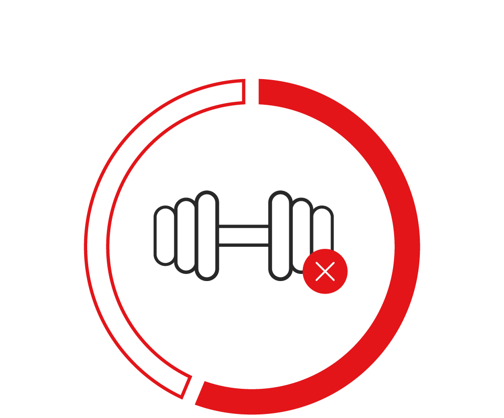 Eine in schwarzen Linien gezeichnete Grafik zeigt eine stilisierte Hantel, du auf der rechten Seite teilweise von einem roten Button mit einem Kreuz darin überdeckt wird. Um diese Grafik herum ist ein roter Ring zu sehen, der zu 55 Prozent ausgefüllt ist.