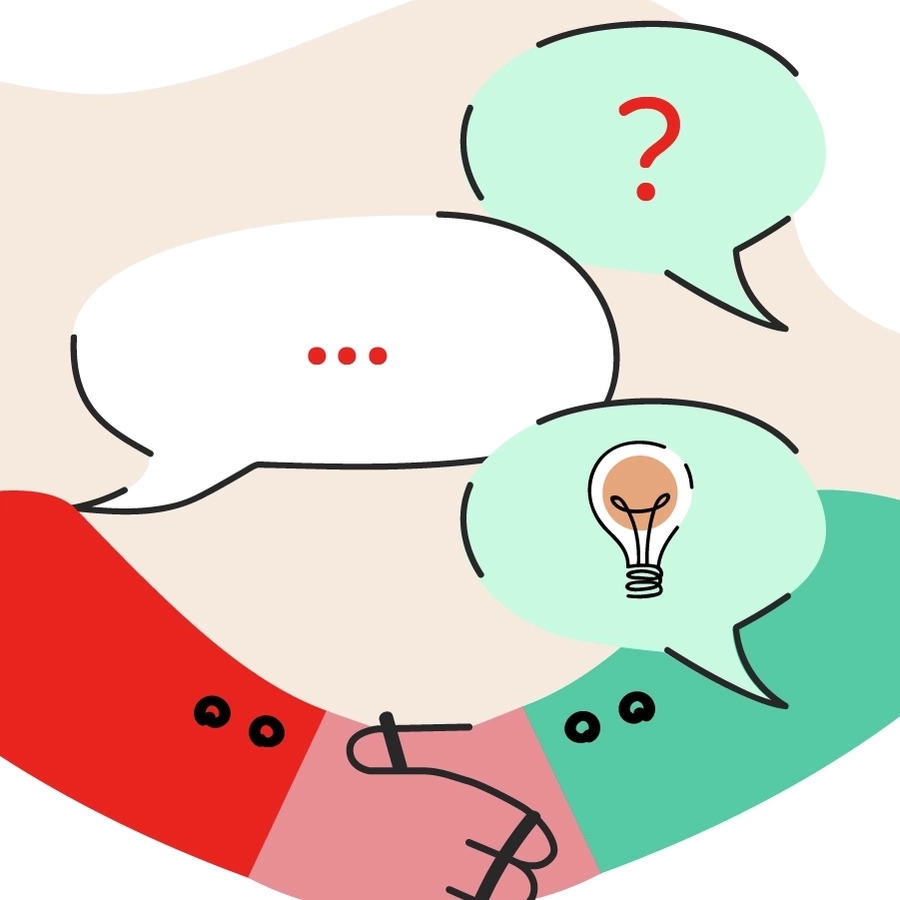 Eine Grafik zeigt die Hände von zwei Personen, die miteinander einschlagen. Darüber sind Sprechblasen mit unterschiedlichen Symbolen abgebildet: erst ein Fragezeichen, dann drei Punkte, die ein Gespräch symbolisieren, danach eine Glühbirne.