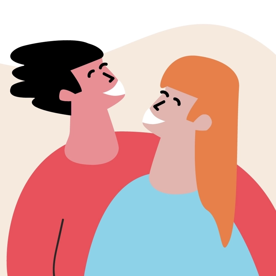 Eine Grafik zeigt zwei Personen, die nebeneinander stehen und sich freundlich anschauen.