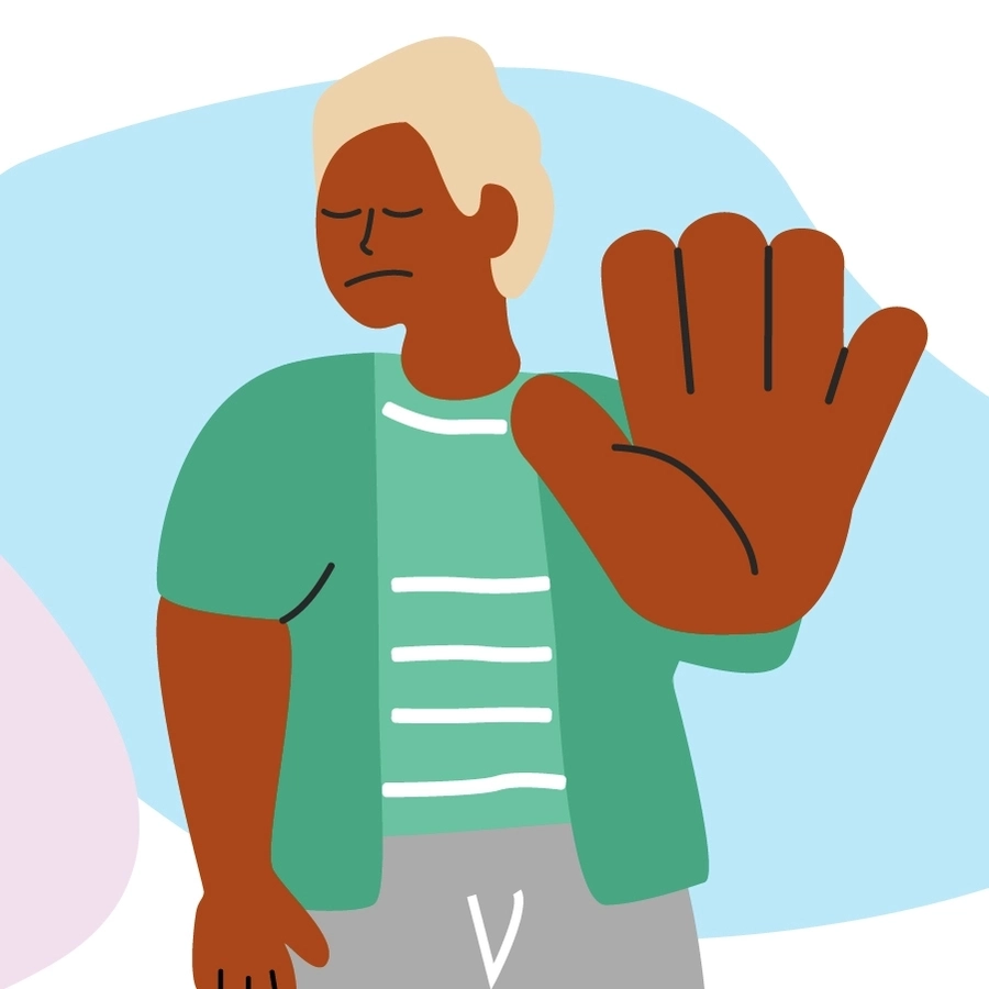 Eine Grafik zeigt eine Person, die eine ihrer Hände flach nach vorn vor den Körper ausstreckt. Sie signalisiert "Stop".