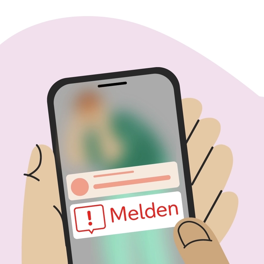 Eine Grafik zeigt eine Hand, die ein Mobiltelefon hält. Auf dem Bildschirm ist die Meldefunktion einer Online-Anwendung zu sehen.
