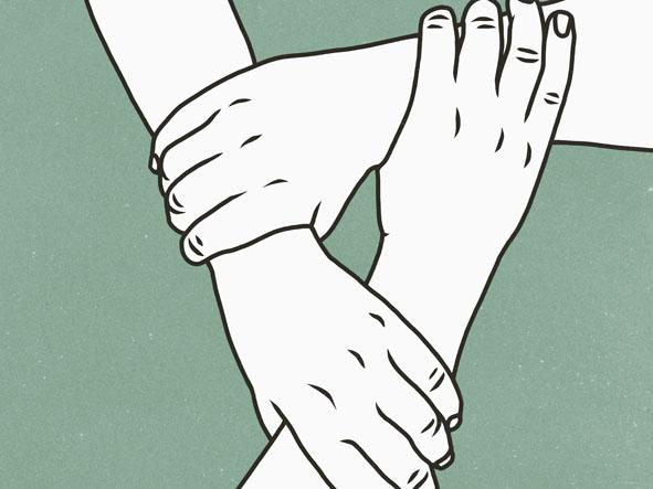 Illustration zeigt drei Hände, die sich gegenseitig am Handgelenk festhalten
