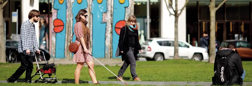 Drei Menschen aus der Ferne fotografiert. Sie gehen einen Weg zwischen zwei Wiesen entlang. Zwei von ihnen tragen eine Sonnenbrille. Der Mann mit Sonnenbrille nutzt einen Rollator, die Frau mit Sonnenbrille nutzt einen Blindenstock.