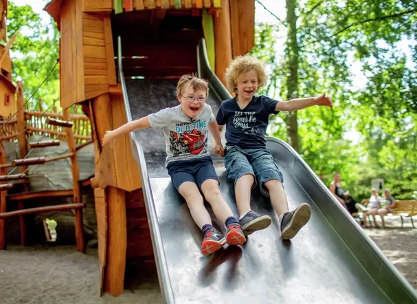 Zwei Jungen rutschen eine Spielplatzrutsche hinunter. Sie sitzen nebeneinander und halten sich an den Händen.