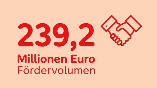 Auf hellorange farbenem Grund steht: 239,2 Millionen Euro Fördervolumen