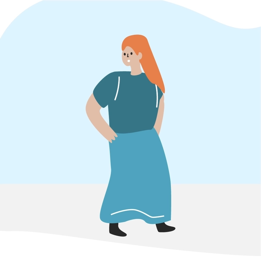 Die Grafik zeigt eine Person in blauer Kleidung. Sie befindet sich in Bewegung und hat den Kopf leicht zur Seite gedreht. Sie scheint etwas aus der Distanz zu beobachten.