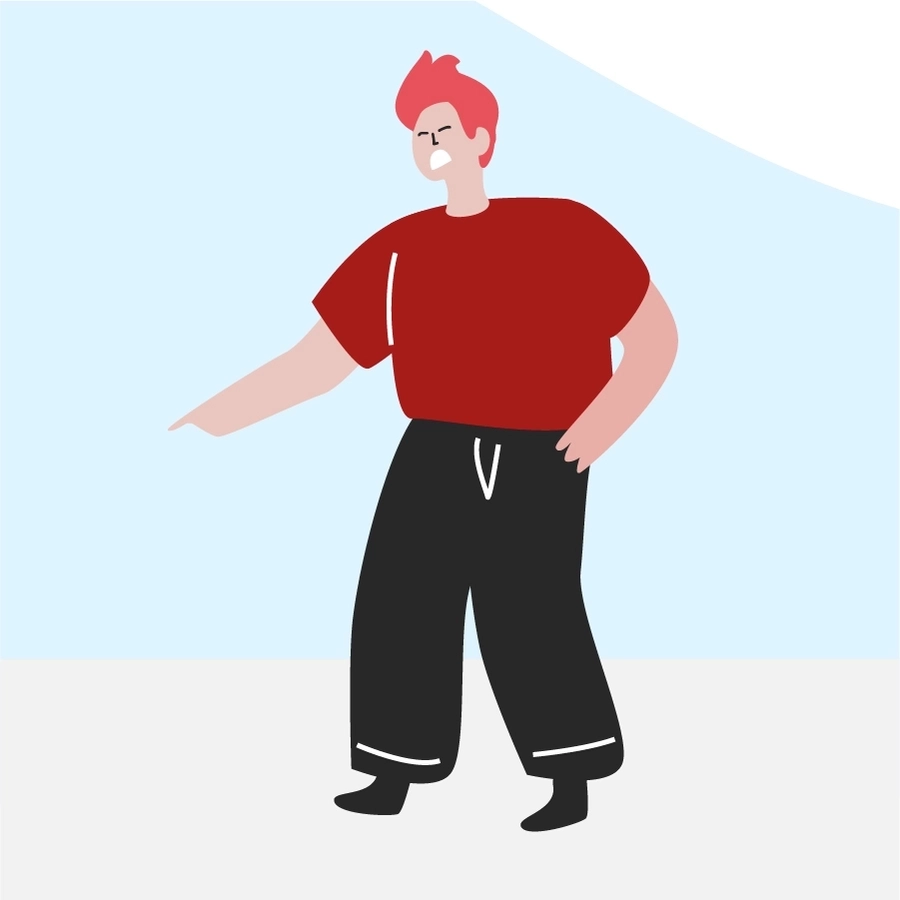 Die Grafik zeigt eine Person in roter Kleidung. SIe zeigt mit dem Finger auf jemanden und hat einen aggressiven Gesichtsausdruck.