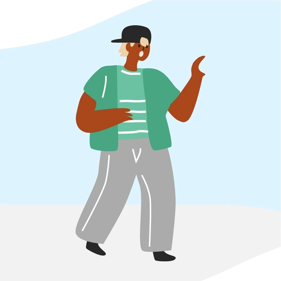 Die Grafik zeigt eine Person in grüner Kleidung. Sie hebt eine Hand und scheint aktiv zu sprechen oder zu argumentieren – möglicherweise, um jemanden zu schützen oder eine Situation zu deeskalieren.