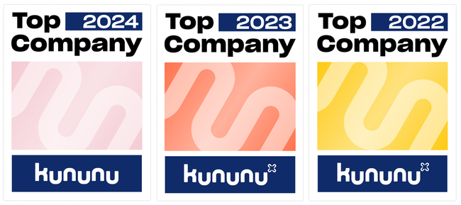 Drei Siegel von kununu. Oben drüber steht "Top Company 2024", "Top Company 2023", "Top Company 2022"
