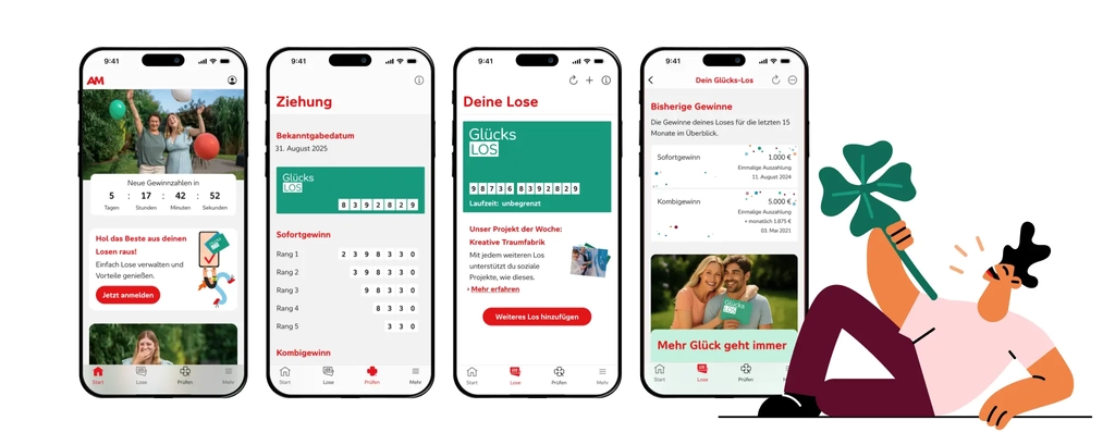 Vier Ansichten der Aktion Mensch-App zeigen, was du in der App alles machen kannst. Jetzt herunterladen!
