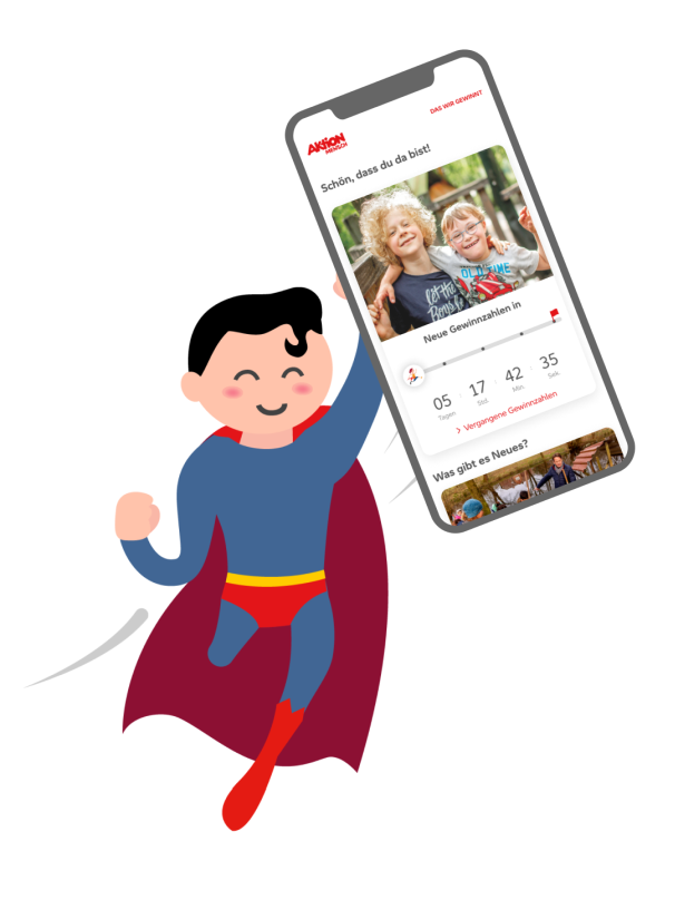 Ein Superheld mit Behinderung zeigt auf einem Mobiltelefon die App der Aktion Mensch.