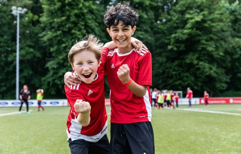Zwei Jungs jubeln gemeinsam auf dem Fußball-Spielfeld.