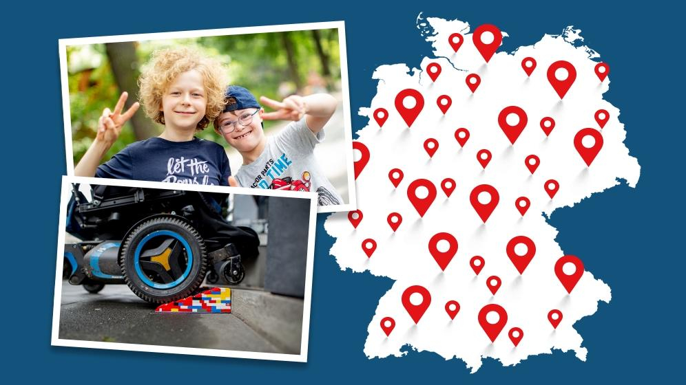 Ausschnitt einer Deutschlandkarte mit roten Standortmarkierungen. Im Vordergrund sind zwei Fotos aus Projekten zu sehen.