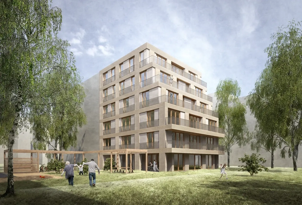 Computergefertigte Grafik von einem 6-stöckigen modernen Wohnhaus in Holzbauweise und mit Staffelgeschoss