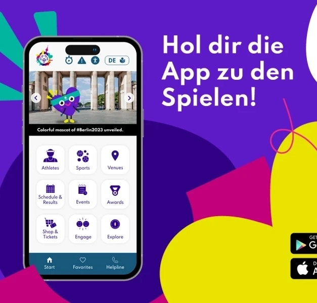 Drei Screenshots der App "Special Olympics World Games Berlin 2023"