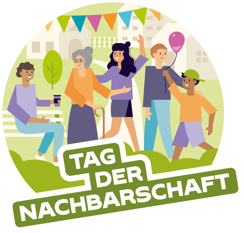 Eine Illustration mit einer diversen Gruppe von Personen im Freien, die unter einer Girlande zusammen feiern. Darunter stehen die Worte "Tag der Nachbarschaft"