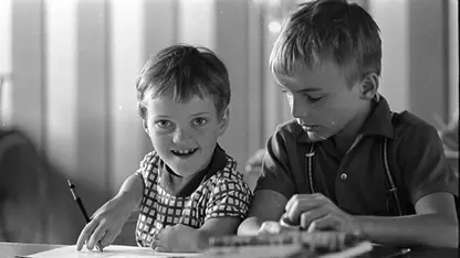 Ein Mädchen mit verkürzten Armen schreibt mit einem Stift auf einem Papier. Ein Junge sitzt neben ihr.