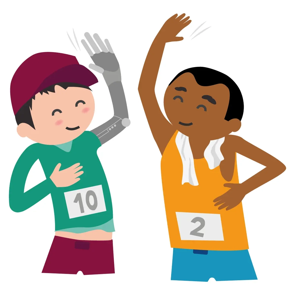 Inklumoji: Zwei Figuren in Sportsachen, die sich abklatschen.