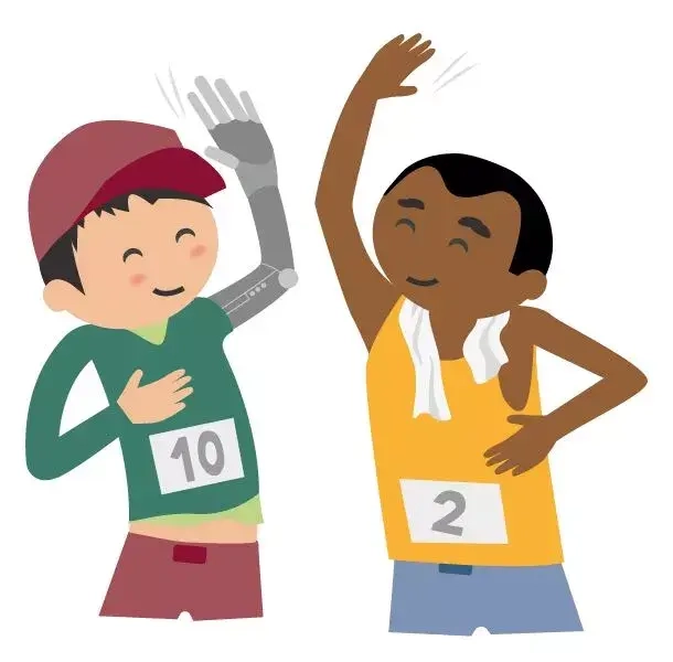 Inklumoji: Zwei Figuren in Sportsachen, die sich abklatschen.