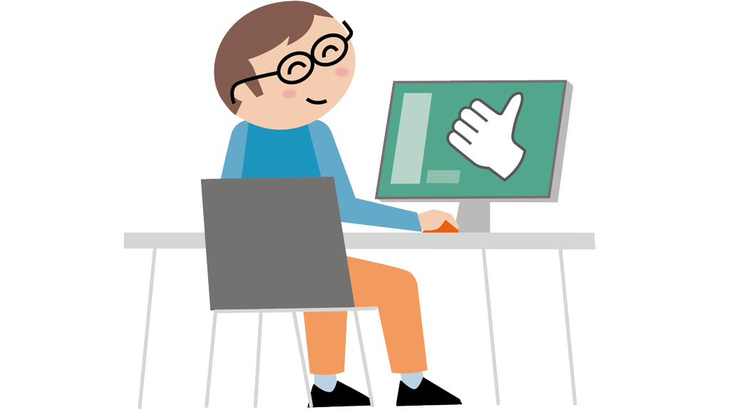 Illustration eines Manns mit Brille, der auf einem Stuhl vor einem Tisch sitzt. Auf dem Tisch steht ein Computerbildschirm, der einen grünen Hintergrund und einen Daumen nach oben zeigt.